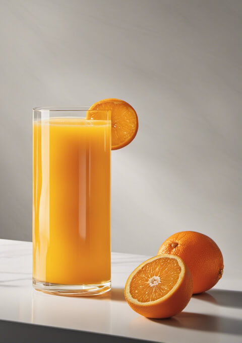 glass of freshly-squeezed orange juice on a countertop