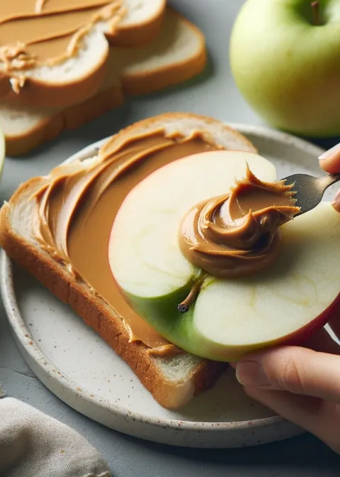 freshmade peanut butter on slices of crisp apples and soft bread