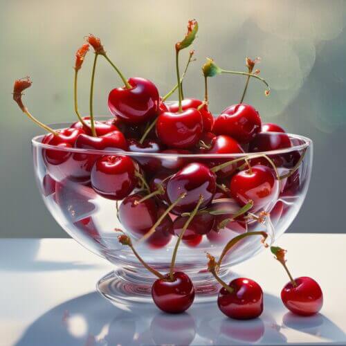fresh cherries in a clear bowl