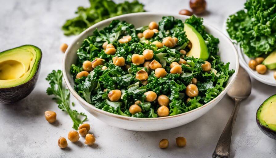 Bowl of kale salad with chickpeas and avocado