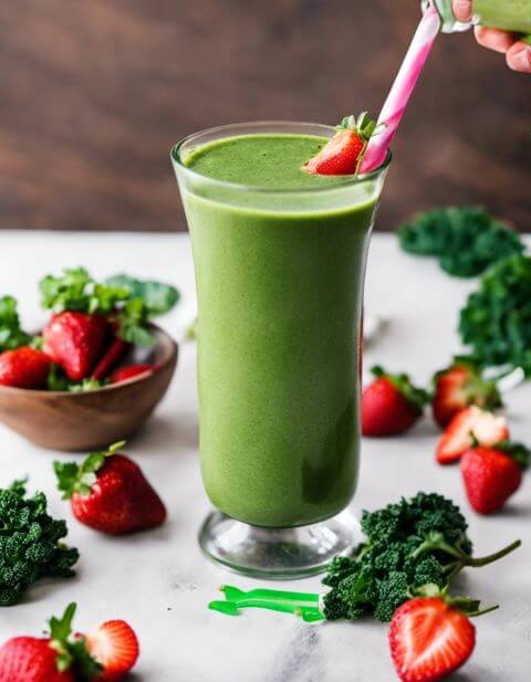 Green kale smoothie in a glass with strawberries