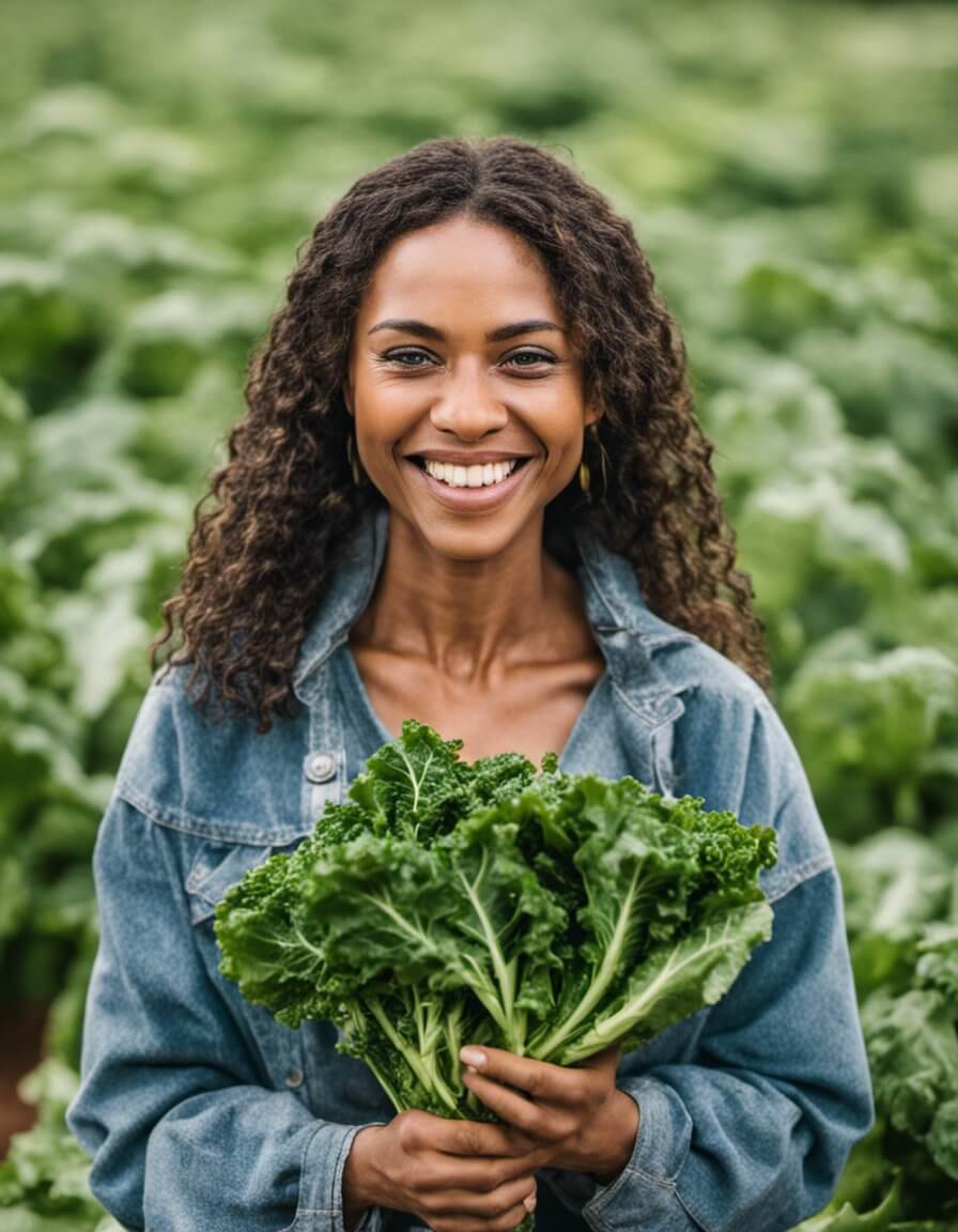 Woman holding a bunch of fresh kale and smiling