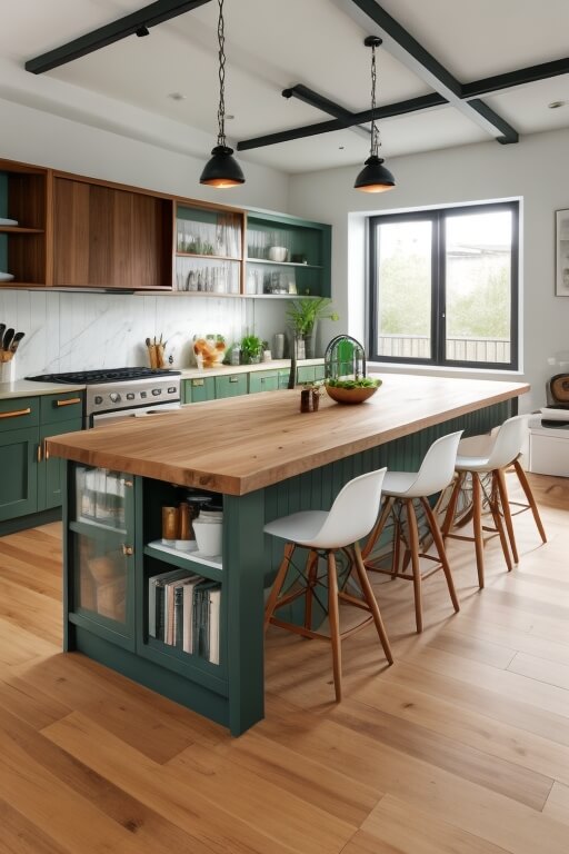 beautiful modern kitchen with a big bowl of fruit and green vegetables on a wooden table 1