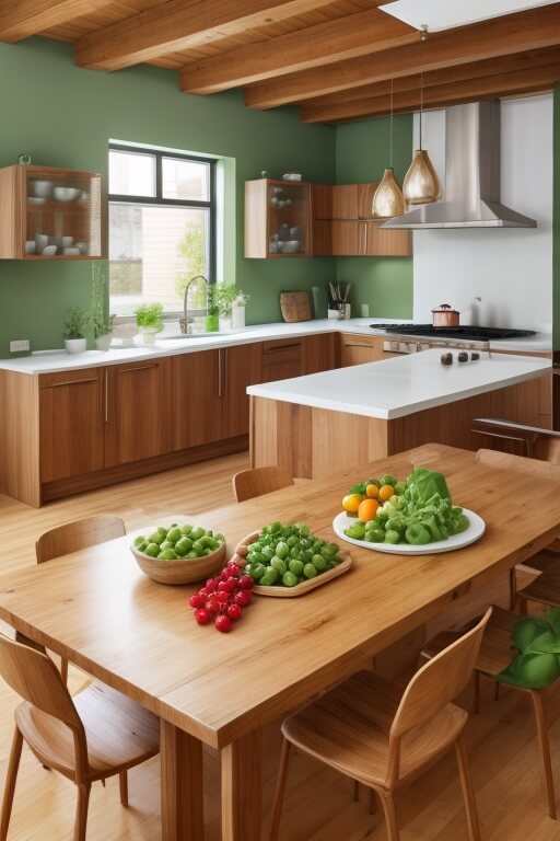 beautiful modern kitchen with a big bowl of fruit and green vegetables on a wooden table