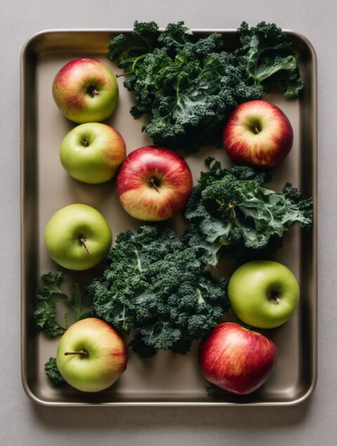 chopped apples and kale on a tray