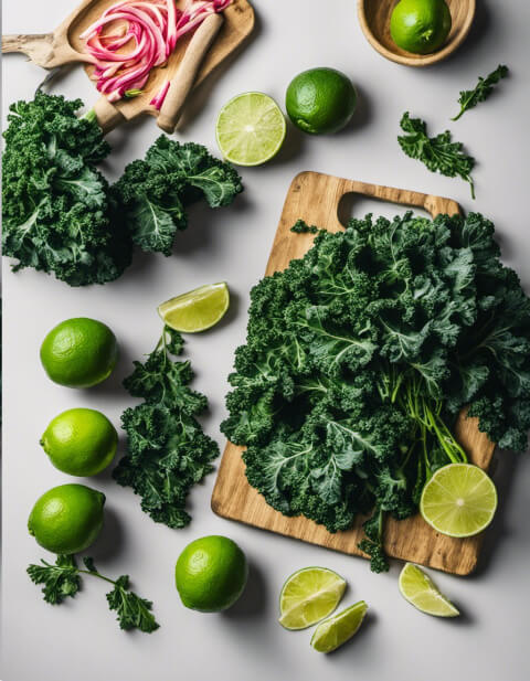 fresh kale and limes on a table