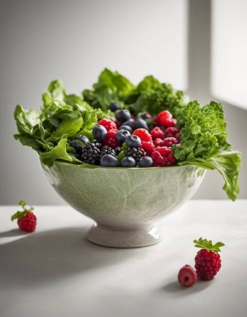 fresh greens and berries juice in a bowl