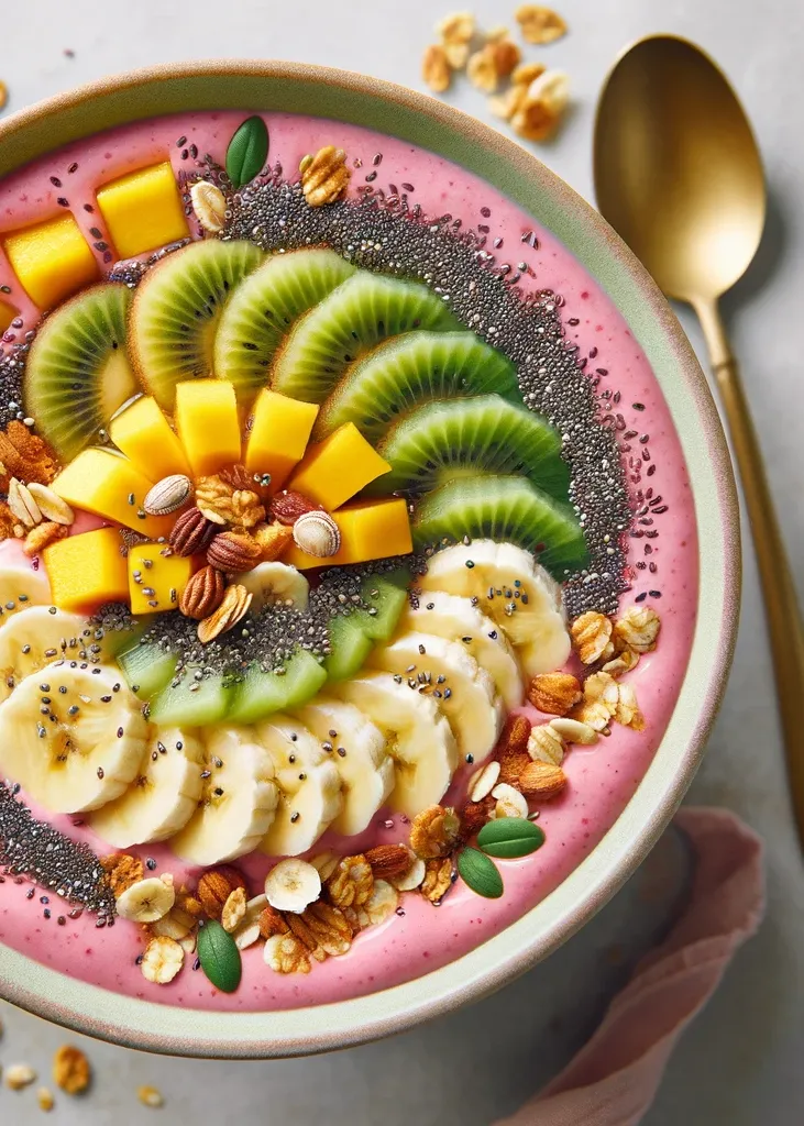 smoothie bowl with lots of fruits and nuts
