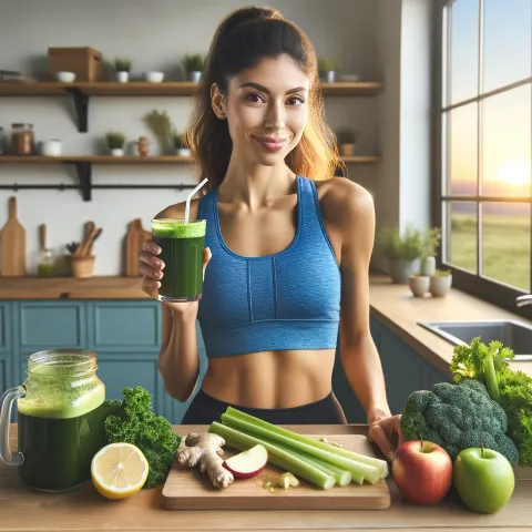 woman in blue athletic wear, holding a glass filled with vibrant green juice, post her morning run