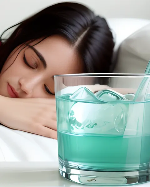 A close-up photo of a person lying in bed, peacefully sleeping with a glass of water subtly positioned on the nightstand in the background